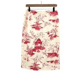 Talbots Vintage Strawberry Red Cream Silk Cotton Blend Asian Toile Pencil Skirt